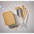 Branded Glass Lunch Box with Bamboo Lid 800ml in use