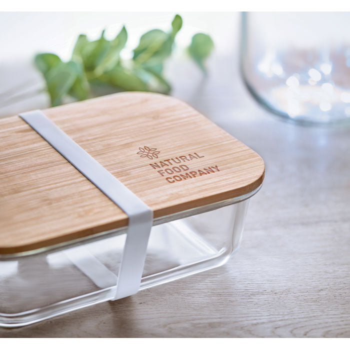 Branded Glass Lunch Box with Bamboo Lid 800ml without branding