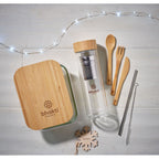 Branded Glass Lunch Box with Bamboo Lid 800ml in use
