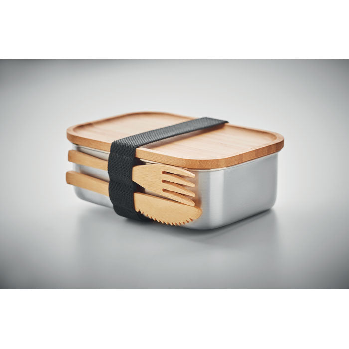 Branded Stainless Steel Lunch Box with Bamboo Lid and Cutlery 600ml without branding