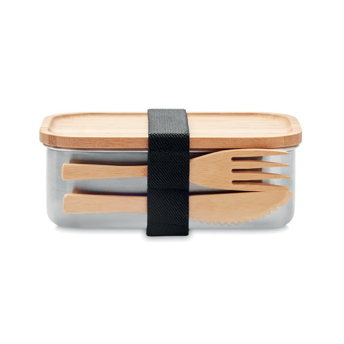 Branded Stainless Steel Lunch Box with Bamboo Lid and Cutlery 600ml without branding