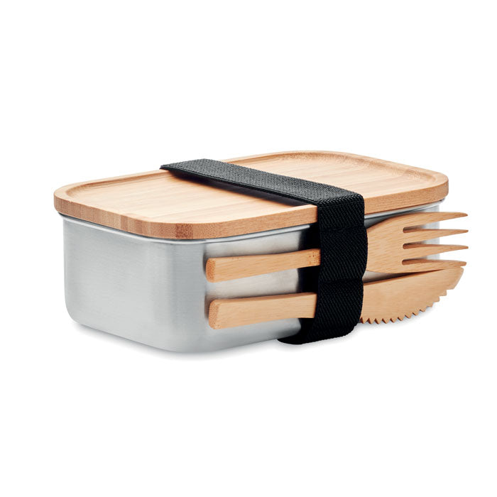 Branded Stainless Steel Lunch Box with Bamboo Lid and Cutlery 600ml