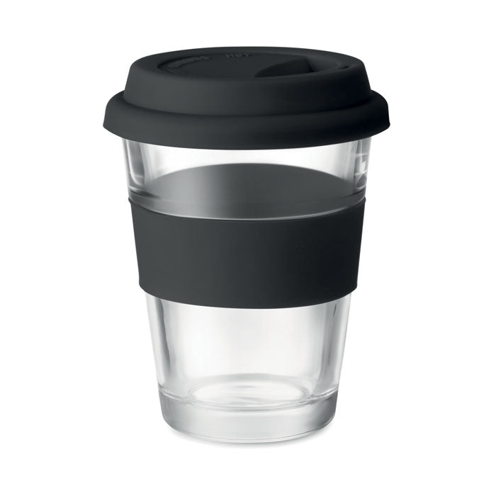 Branded Glass Tumbler with Silicone Lid in Black