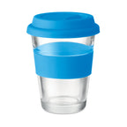 Branded Glass Tumbler with Silicone Lid in Blue