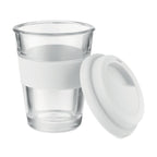 Branded glass tumbler with silicone lid, side view