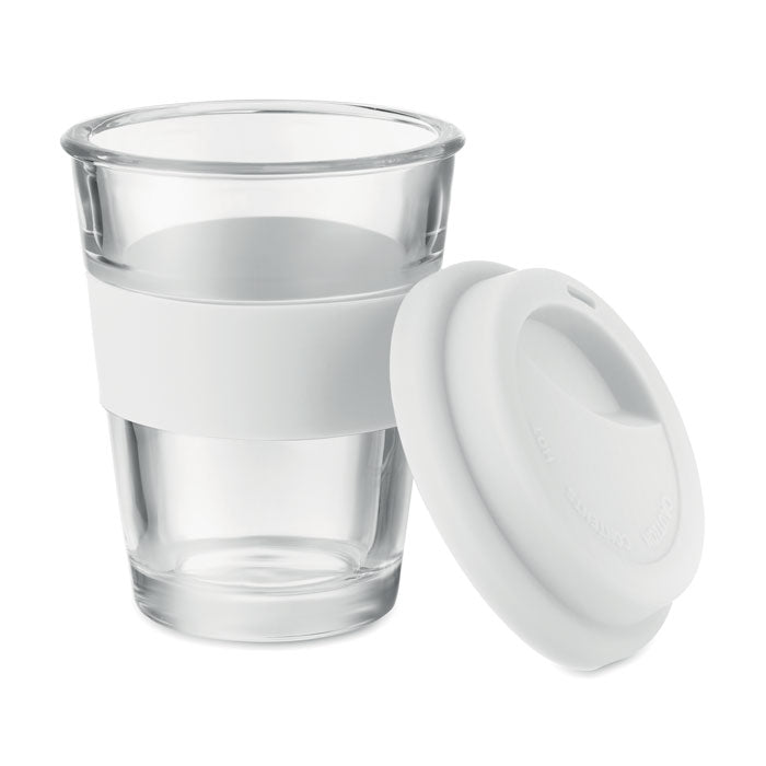 Branded glass tumbler with silicone lid, side view