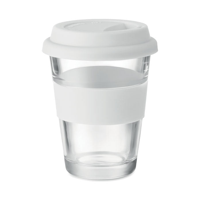 Branded glass tumbler with silicone lid