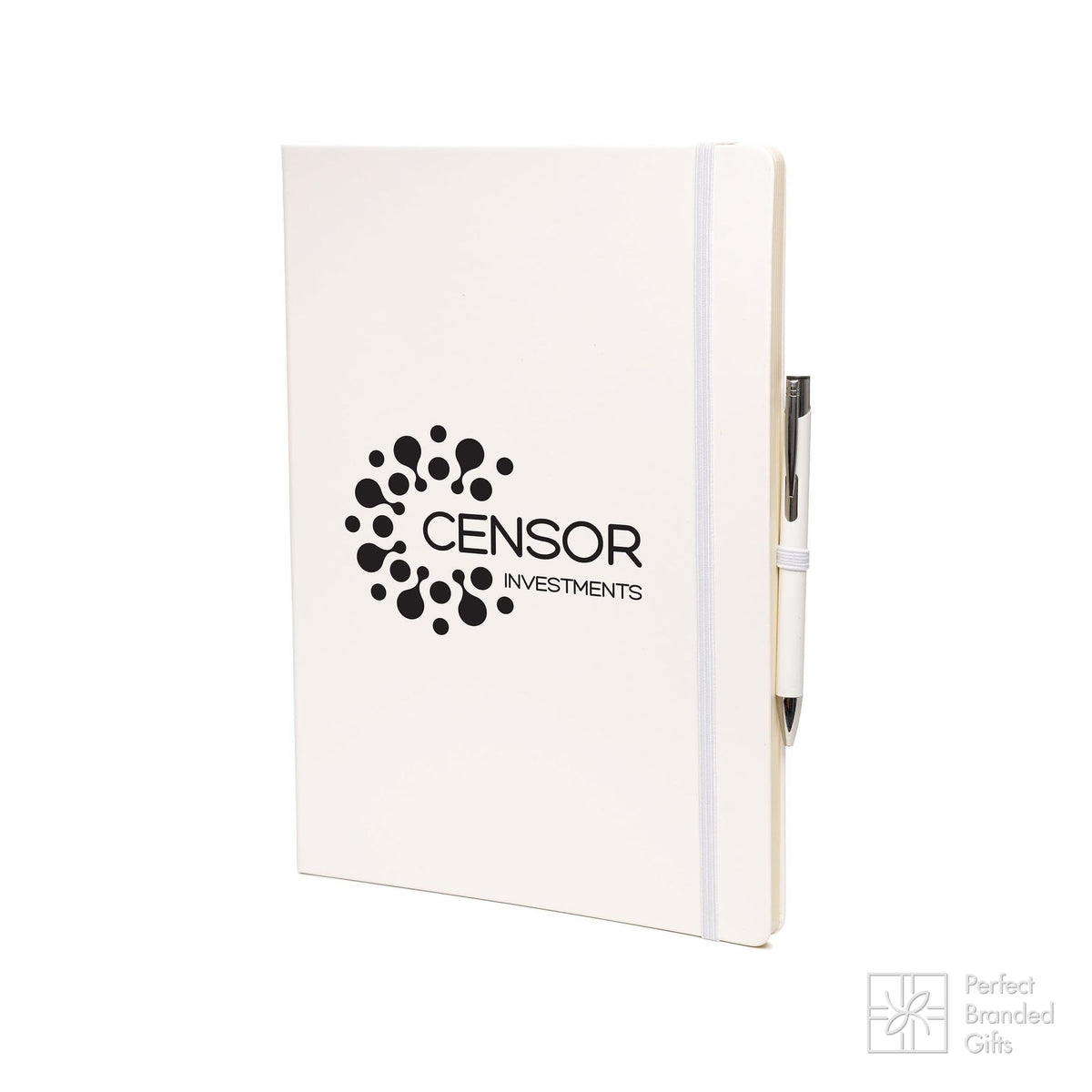 Branded A4 White PU Notebook and Matching Pen Set