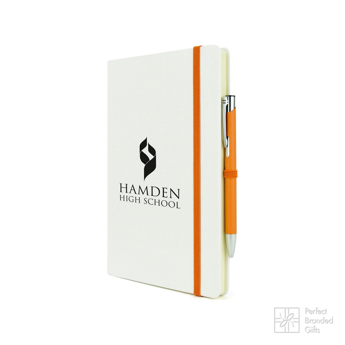 Branded A5 White PU Notebook with Pen Loop
