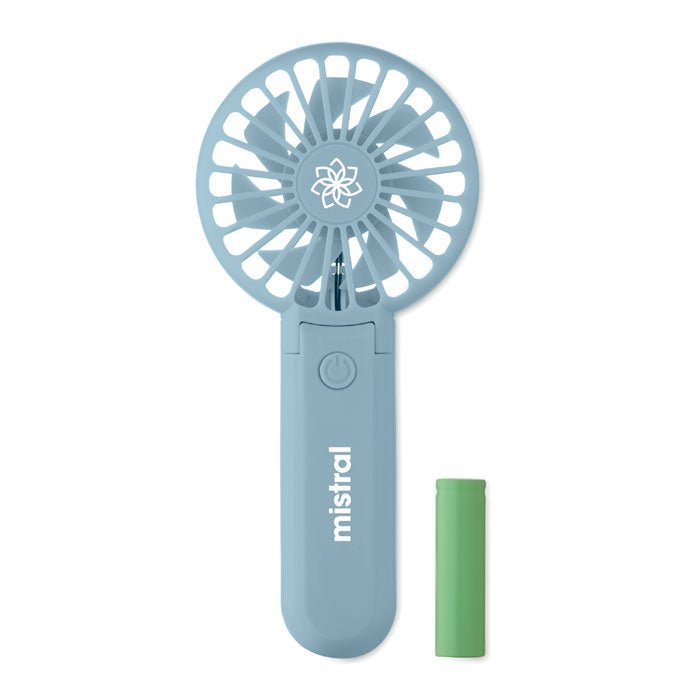 Handheld fan with 'mistral' branding on a white background