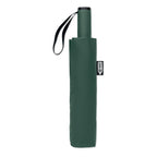 Green umbrella folded and in a carrying case on a white background