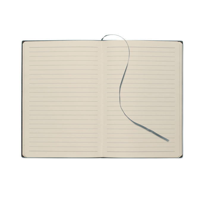 Open notebook with lined pages on a white background