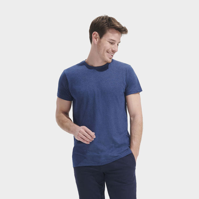 Model wearing a branded fitted men's t-shirt