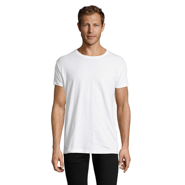 White branded fitted men's t-shirt, front view