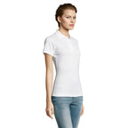 White easy care women's polo shirt, side view