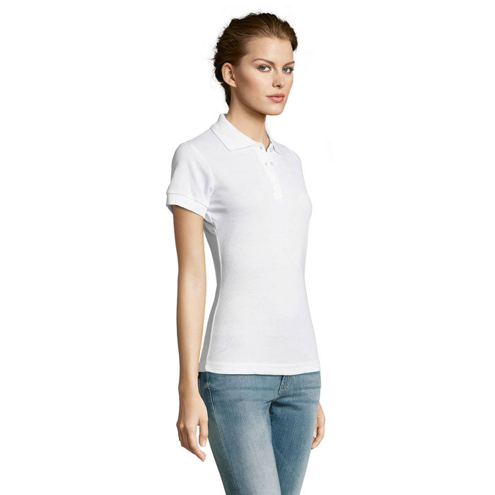 White easy care women's polo shirt, side view