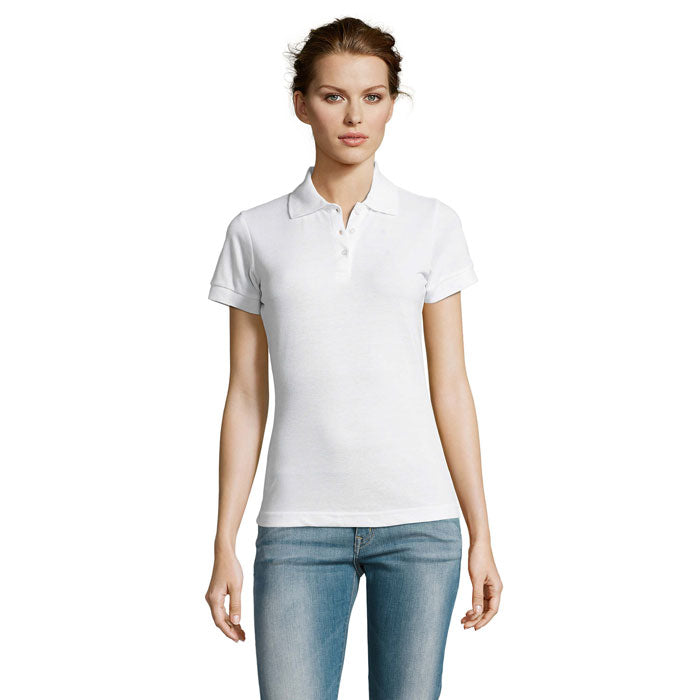 White easy care women's polo shirt, front view