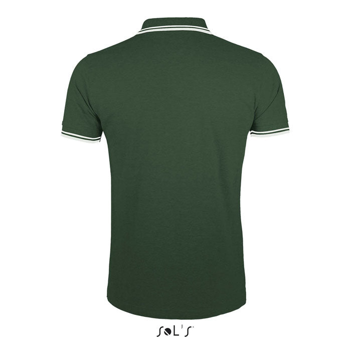 Forest green and white fitted stripe men's polo shirt, back view
