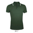 Forest green and white fitted stripe men's polo shirt, front view