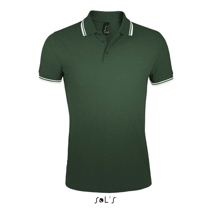 Forest green and white fitted stripe men's polo shirt, front view