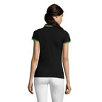 Black and lime fitted stripe women's polo shirt, back view
