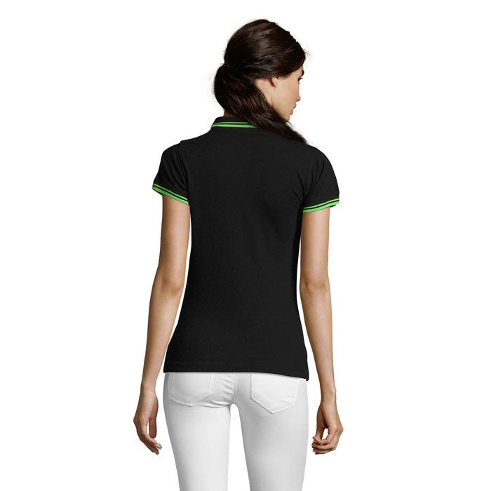 Black and lime fitted stripe women's polo shirt, back view