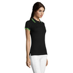 Black and lime fitted stripe women's polo shirt, side view