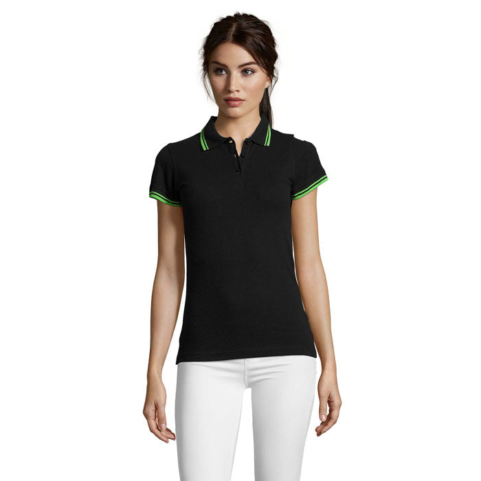Black and lime fitted stripe women's polo shirt, front view