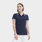 Model wearing a branded fitted stripe women's polo shirt