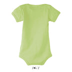Green branded baby bodysuit, back view