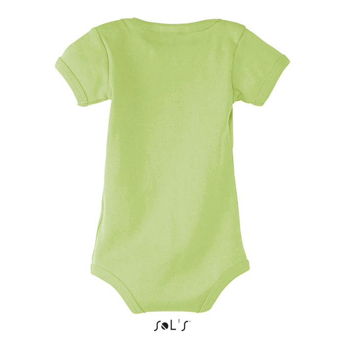 Green branded baby bodysuit, back view