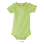 Green branded baby bodysuit, front view