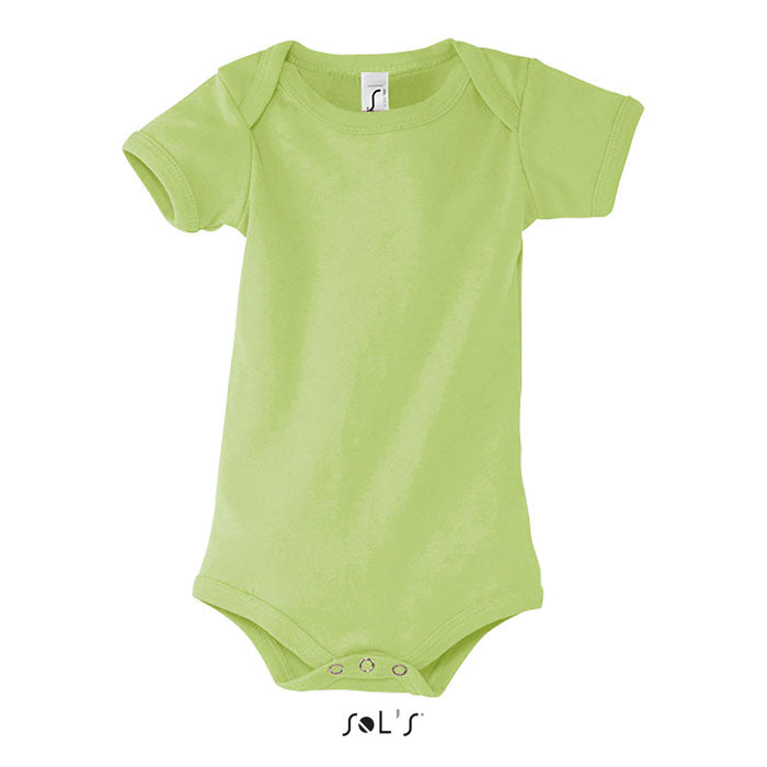 Green branded baby bodysuit, front view