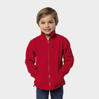 Model wearing a branded kids zipped fleece jacket