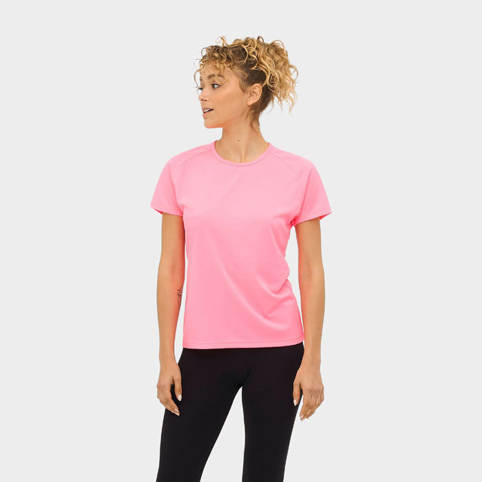 Model wearing a branded women's raglan sports t-shirt