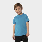 Model wearing a branded kids raglan sports t-shirt