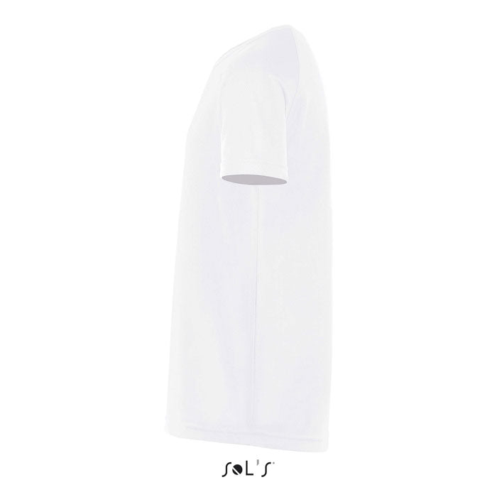 White branded kids raglan sports t-shirt, side view