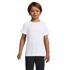 White branded kids raglan sports t-shirt, front view