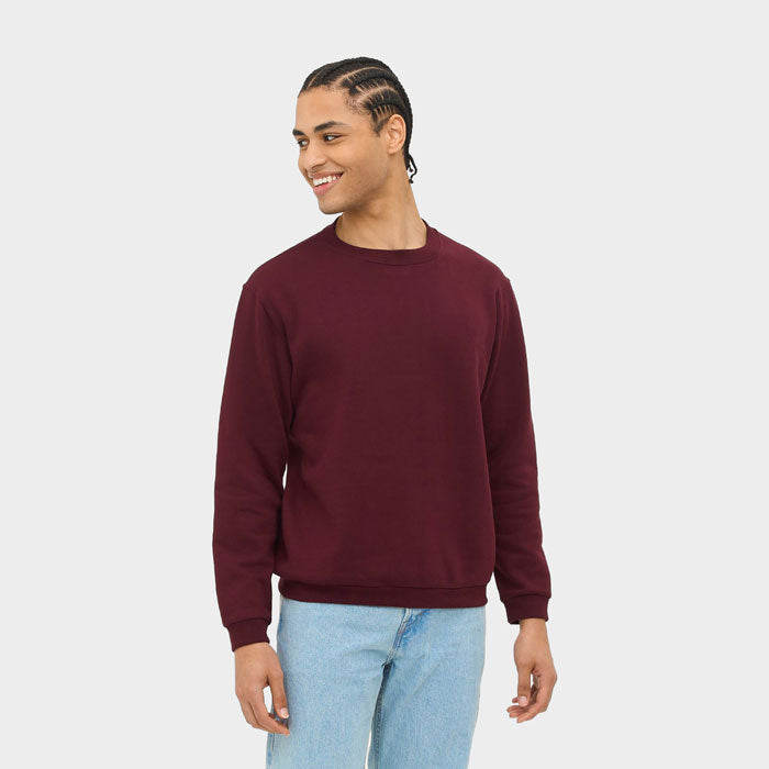 Model wearing a branded men's round-neck sweatshirt
