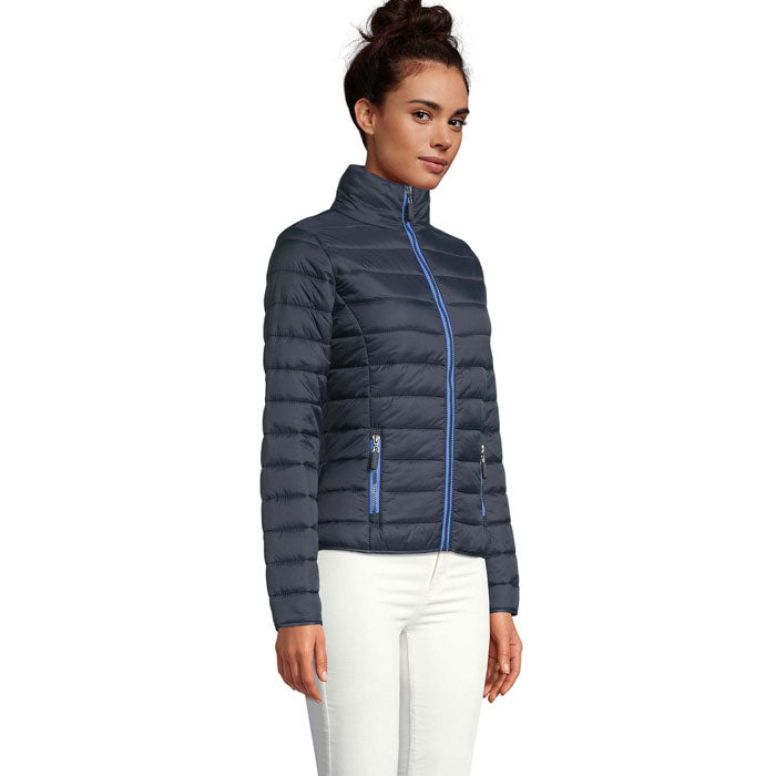 Branded women's light padded jacket, side view