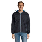 Branded lined windbreaker, front view