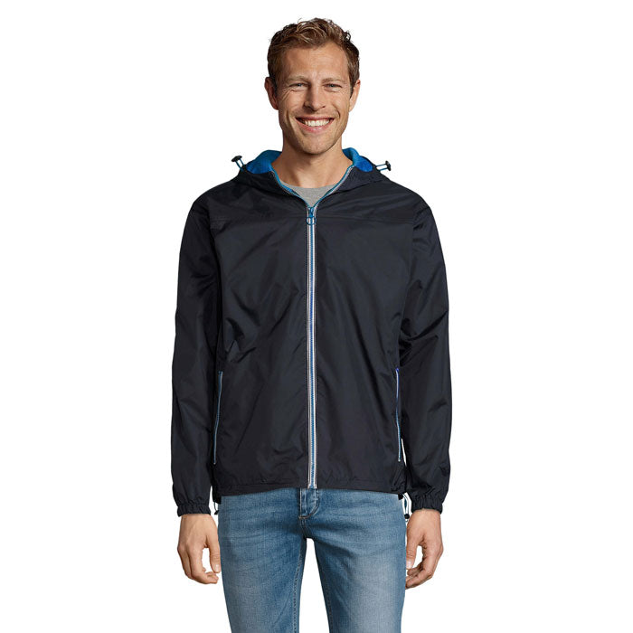 Branded lined windbreaker, front view