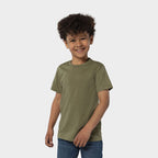 Model wearing a branded fitted kids t-shirt