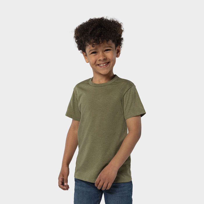 Model wearing a branded fitted kids t-shirt