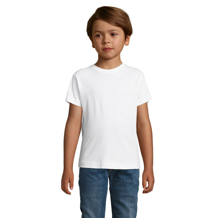 White branded fitted kids t-shirt, front view