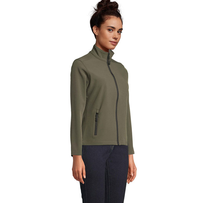 Branded women's softshell zip jacket, side view