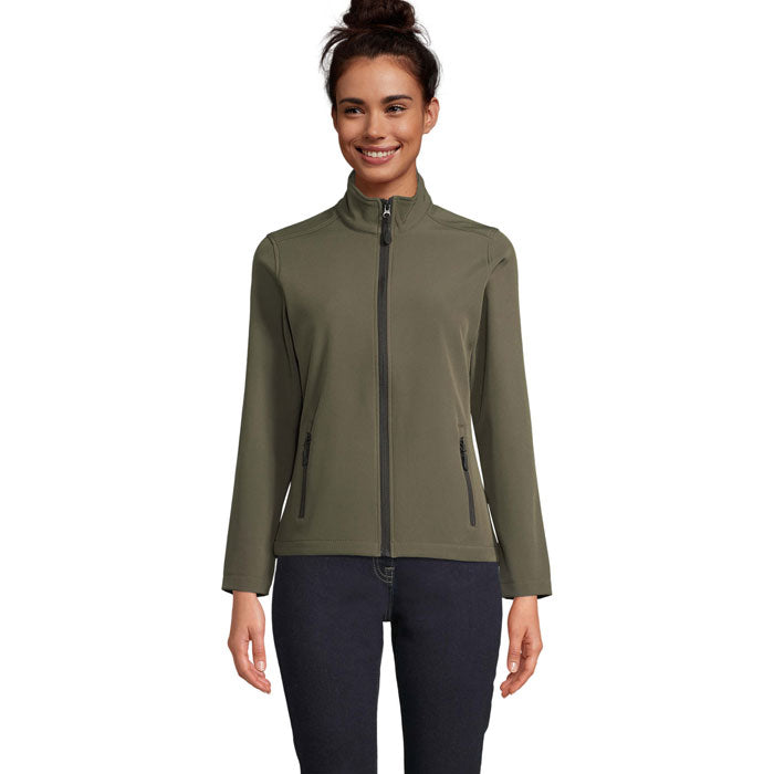 Branded women's softshell zip jacket, front view