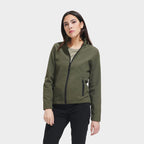 Model wearing a branded women's softshell zip jacket