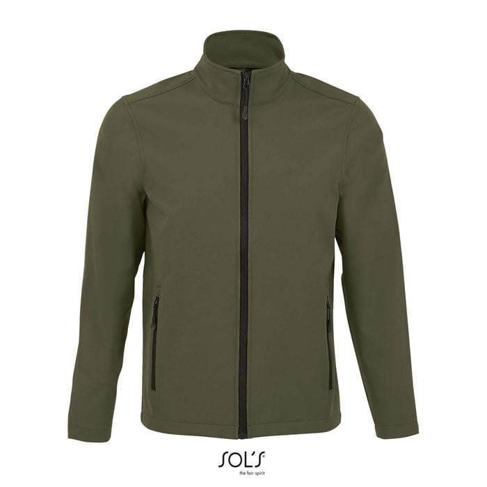Branded men's softshell zip jacket, front view
