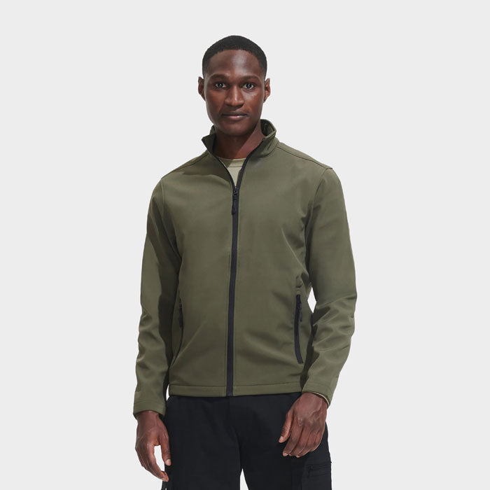 Model wearing a branded men's softshell zip jacket